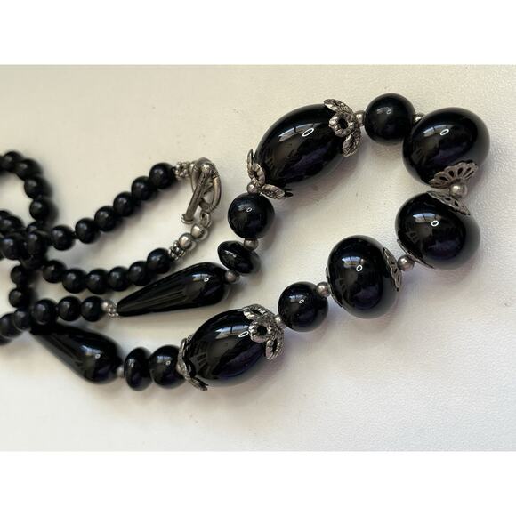 Genuine Black Onyx Beads Silver Plated Beaded Gemstone Necklace 21” - Picture 4 of 5